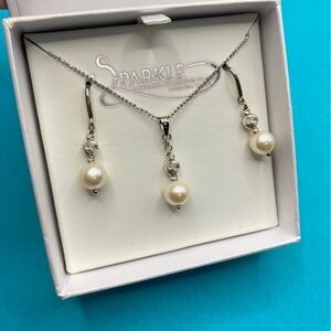 STERLING  Silver & Cultured Pearl Necklace and Earrings Set New In Box